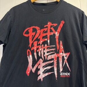 Jinx Mens "Defy the Meta" Graphic Tee Size L Death Metal Rocker Grunge Edgy